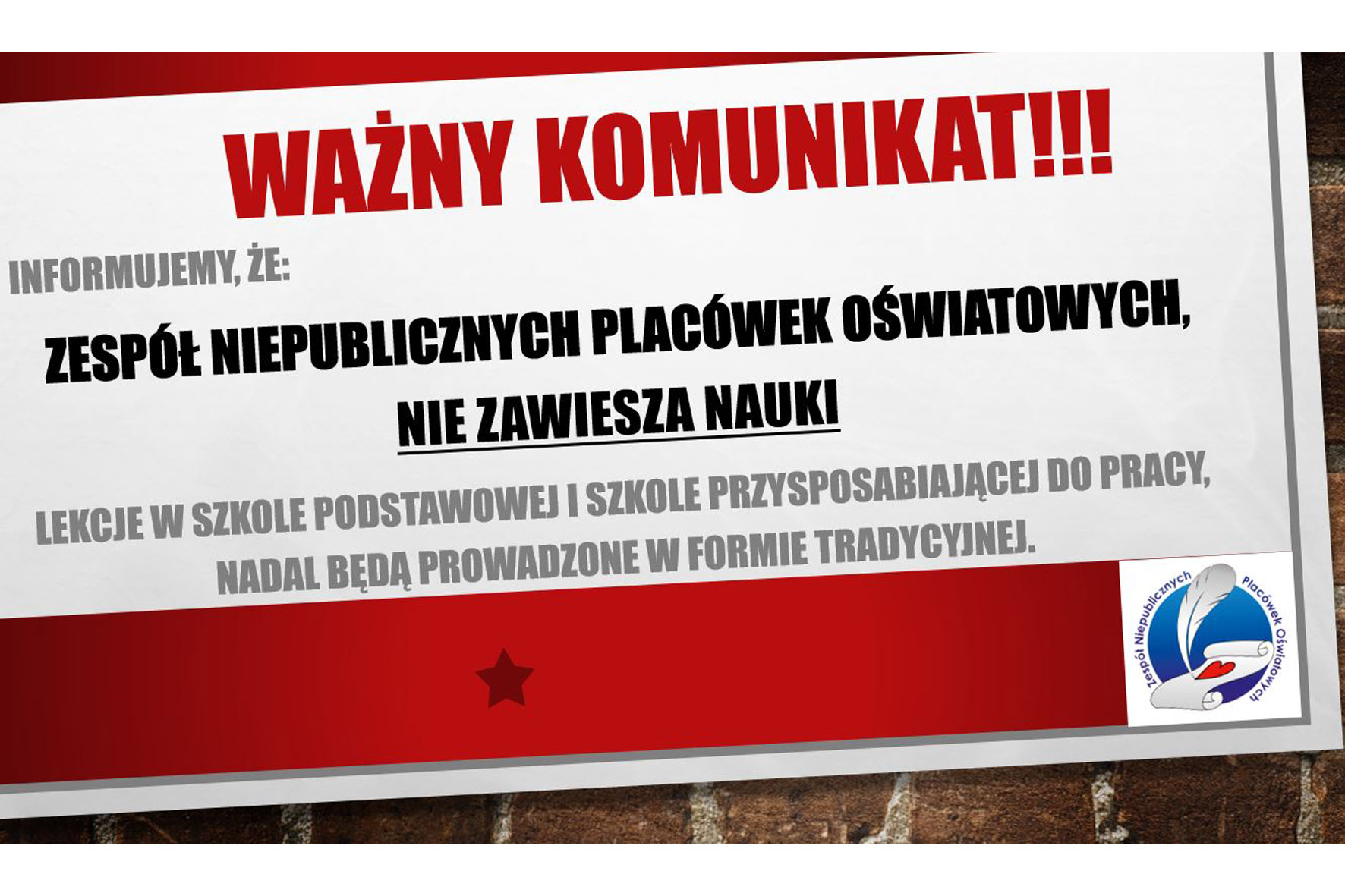 WAŻNY KOMUNIKAT – ZNPO nie zawiesza zajęć lekcyjnych i nieprzerwanie prowadzi je w trybie stacjonarnym